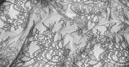 Black lace fabric on a white background. Fancy African polyester and tulle lace fabric with flowers for your design. Texture. Background. Templateの写真素材