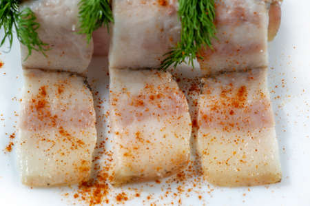 Grocery photography. Salo (a traditional, predominantly Slavic food consisting of dried lumps of fat (rarely pork belly), with or without skin.の写真素材