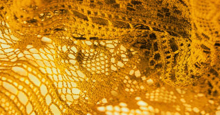 Yellow lace fabric, a thin open fabric, usually of cotton or silk, made using loops, twisting or knitting threads into patterns. Background texture, pattern.の写真素材