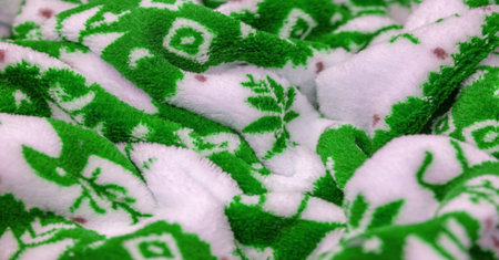 Velvet. Plush. For winter wear. Snow deer, snowflakes. Green and white tones. Silk fabric with soft, smooth and thick pile. Rich silk clothの写真素材