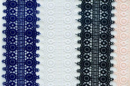 Lace ribbons. Organza ribbon with an elegant cut, beautiful woven lace, decorated with flowers, versatile. Perfect for your design, etc.の写真素材