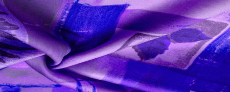 Texture. Background. Template. Purple blue pink silk fabric with an abstract pattern, a print of...