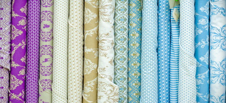 Collection of fabrics at the store counter. View of rolls of fabric in different colors and patterns...