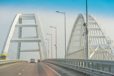 Photo of a large engineering bridge across the Kerch Strait connecting the mainland with the Crimean Peninsula, 10-15-2019 Russia, the Caspian Seaのeditorial素材