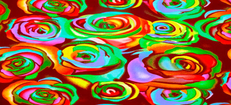 The fabric is bright and colorful, with a pattern of roses all over the fabric, stylized as...
