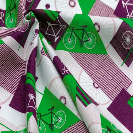 Cotton fabric, green, burgundy and white geometric shapes. With a drawn cycling theme, retro...