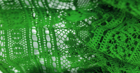 Green lace fabric, thin open fabric, usually cotton or silk. Green wrinkled lace on white spandex background, macro view. Background texture, pattern.の写真素材