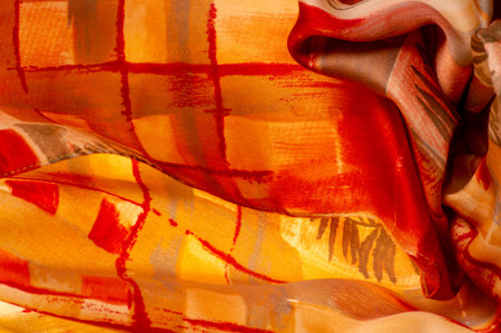 Brown-red-beige fabric with an abstract pattern, a print of branches with leaves of flora....