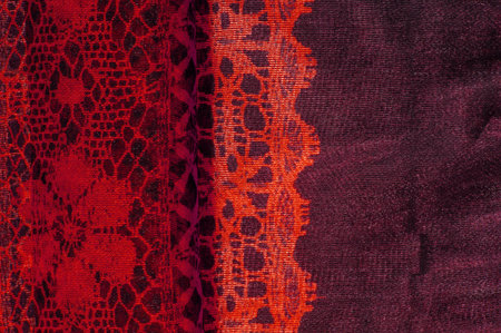 red lace fabric, combination of red with black fabric. blue, ruby, texture, background, pattern.