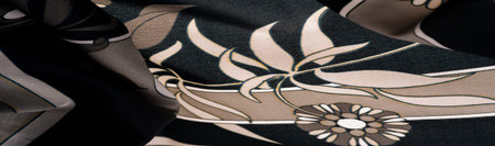 Black silk fabric with a print of white flowers, geometric lines. perfect for adding sophistication...