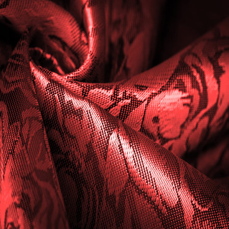 red silk fabric with flower pattern, beautiful appearance, unique shine; embossed pattern, composite...