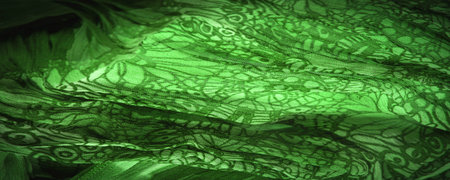 Dark green silk fabric, floral pattern. Wavy corrugation. Fine wave on the surface of the fabric....