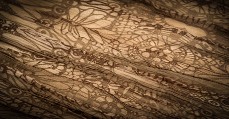 Brown silk fabric, floral pattern. Wavy corrugation. Fine wave on the surface of the fabric....