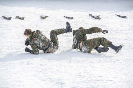 Winter landscape, reconstruction of military operations of the Great Patriotic War with fascist invaders, Naberezhnye Chelny Tatarstan Russia 16, 02, 2020のeditorial素材