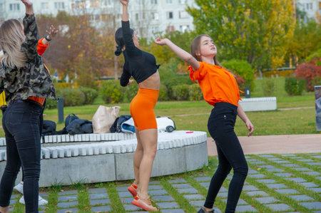 Dance group makes a video clip, girls in different clothes, cheerful mood, Russia Tatarstan...