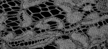 Texture, background, pattern, black lace fabric, delicate embossed lace fabric, scalloped on both edges. Suitable for your projects, design, etc.の写真素材