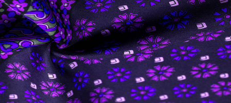 silk fabric of dark blue color with blue and purple flowers, dense fabric, double-sided based on...
