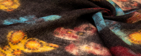 Black woolen fabric with beautiful butterfly print. Decor modern, textile art, texture, background,...