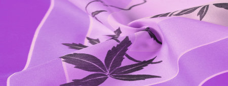 lilac and white silk fabric with a floral pattern. black print, exquisite fabric. Texture,...