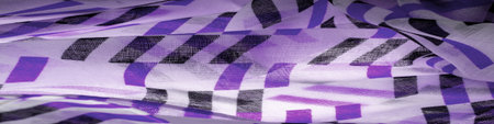 Texture. Background. Template. White silk fabric with purple and black geometric rhombus shapes. violet, violaceousの写真素材