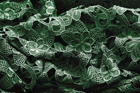 Lace fabric in green. Pure cotton lace with floral pattern embellished with embroidery. Light Transparency. Textured. Background. Patternの写真素材