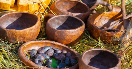 Texture, background, pattern. Folk art, Ceramic vessels obtained by high-temperature clay firing...