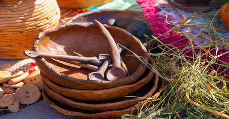 Texture, background, pattern. Folk art, Ceramic vessels obtained by high-temperature clay firing processingの写真素材