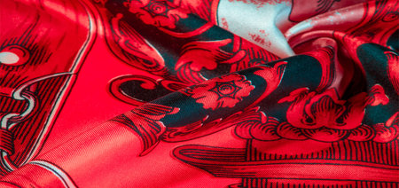 Red silk fabric with a gothic pattern. rich silk gothic prints in rich black and gold hues. This set...
