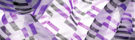 White silk fabric with purple and black geometric rhombus shapes. abstract drawing blue franc,...