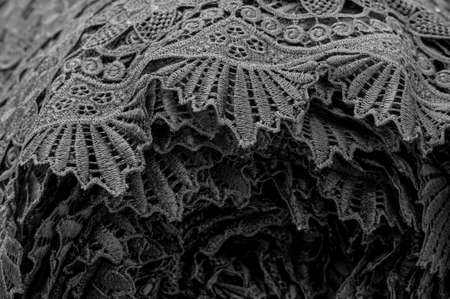 Lace fabric in black. Pure cotton lace with floral pattern embellished with embroidery. Light Transparency. Textured. Background. Patternの写真素材