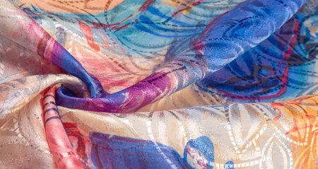 silk fabric in a palette drawn by the artist, bright colors, brown-yellow blue color, unbridled...