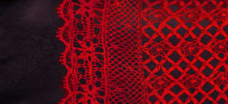 red lace fabric, combination of red with black fabric. blue, ruby, texture, background, pattern.の写真素材