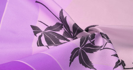 lilac and white silk fabric with a floral pattern. black print, exquisite fabric. Texture,...