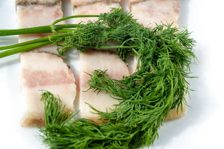 Salo (a traditional, predominantly Slavic food consisting of dried lumps of fat (rarely pork belly), with or without skin. Grocery photographyの写真素材