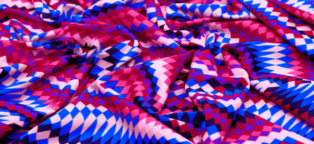 swimwear fabric. Beautiful design. rhombs, squares in abstract order, red-yellow and azure blue