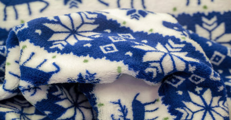 Velvet. Plush. For winter wear. Snow deer, snowflakes. Blue and white tones. Silk fabric with soft,...