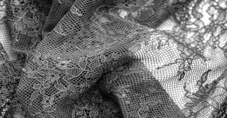 Black lace fabric on a white background. Fancy African polyester and tulle lace fabric with flowers...