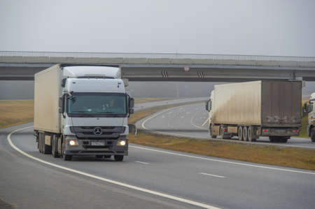 Freight road transportation. from standard services such as LTL (partial load), PTL (partial) or FTL (full truck load) to temperature controlled transport with high security Russia Chelny 05 11 2020のeditorial素材