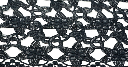 Lace fabric in black. Pure cotton lace with floral pattern embellished with embroidery. Light Transparency. Textured. Background. Patternの写真素材