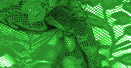 Green lace. This stunning and sophisticated fabric will be a true work of art. Intense green with delicate lace patterns that we love so much; unique, elegant and vibrant.の写真素材