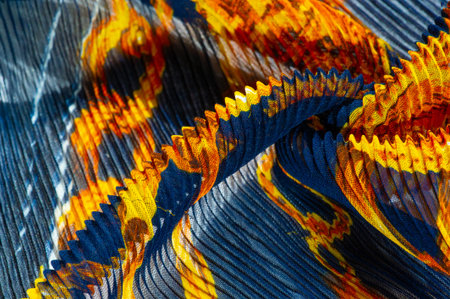 silk crimped. Blue, yellow, brown, burgundy colors. Ruffled silk fabric in vintage style. Floral...