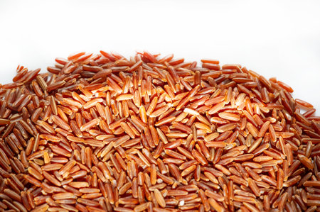 Red rice, gold and black (also called purple) are all whole rice, but with a different pigmented outer layer. Product photography.の写真素材
