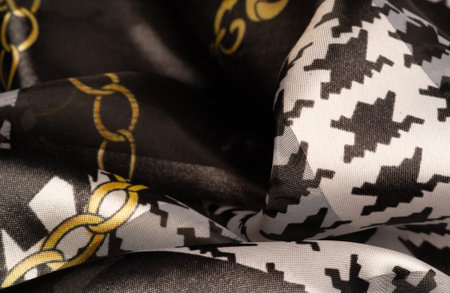 Silk fabric cinnamon beige-yellow, Picturesque, graphic decoration with a combination of geometric,...