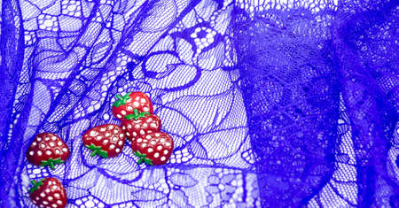 Lace fabric in blue. Plastic strawberries. Decorative strawberries can be sewn onto fabric. Bright decoration. Texture Background Patternの写真素材