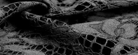 black lace fabric, delicate embossed lace fabric, scalloped on both edges. Suitable for your...