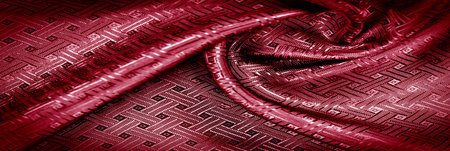Red silk fabric with a fine checkered pattern. Background texture, pattern.