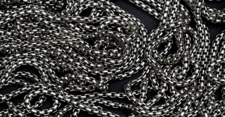 Silver chain, jewelry. A chain is a sequential assembly of related parts, with an overall rope-like character as it is flexible and curved.の写真素材