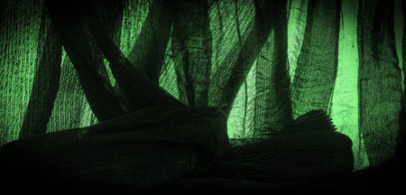 Dark green crepe silk is a fabric made of silk, wool or synthetic fibers with a distinctly crisp, ruffled appearance. Texture, background, pattern,の写真素材