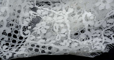 lace fabric. bird feather. white on a black background. Lace dominates fashion and home decor, carefully highlighting your designs, postcards, upholstery, and more.の写真素材