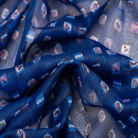 blue silk fabric, delicate weaving, print of a children's toy in a cage, design, openwork weaving....